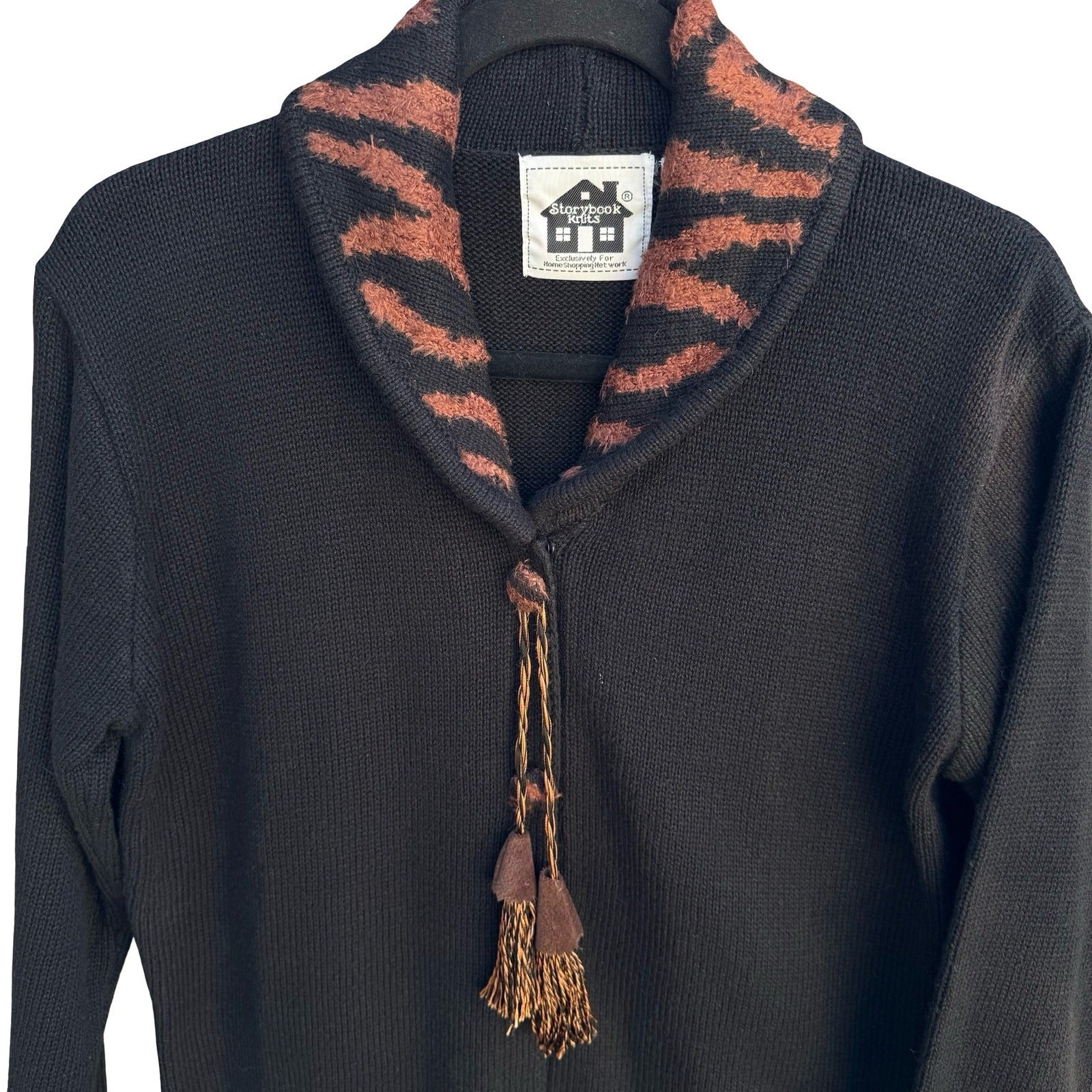 Storybook Knits Black Shawl Collar Cardigan Animal Print Tassels Size S Vintage