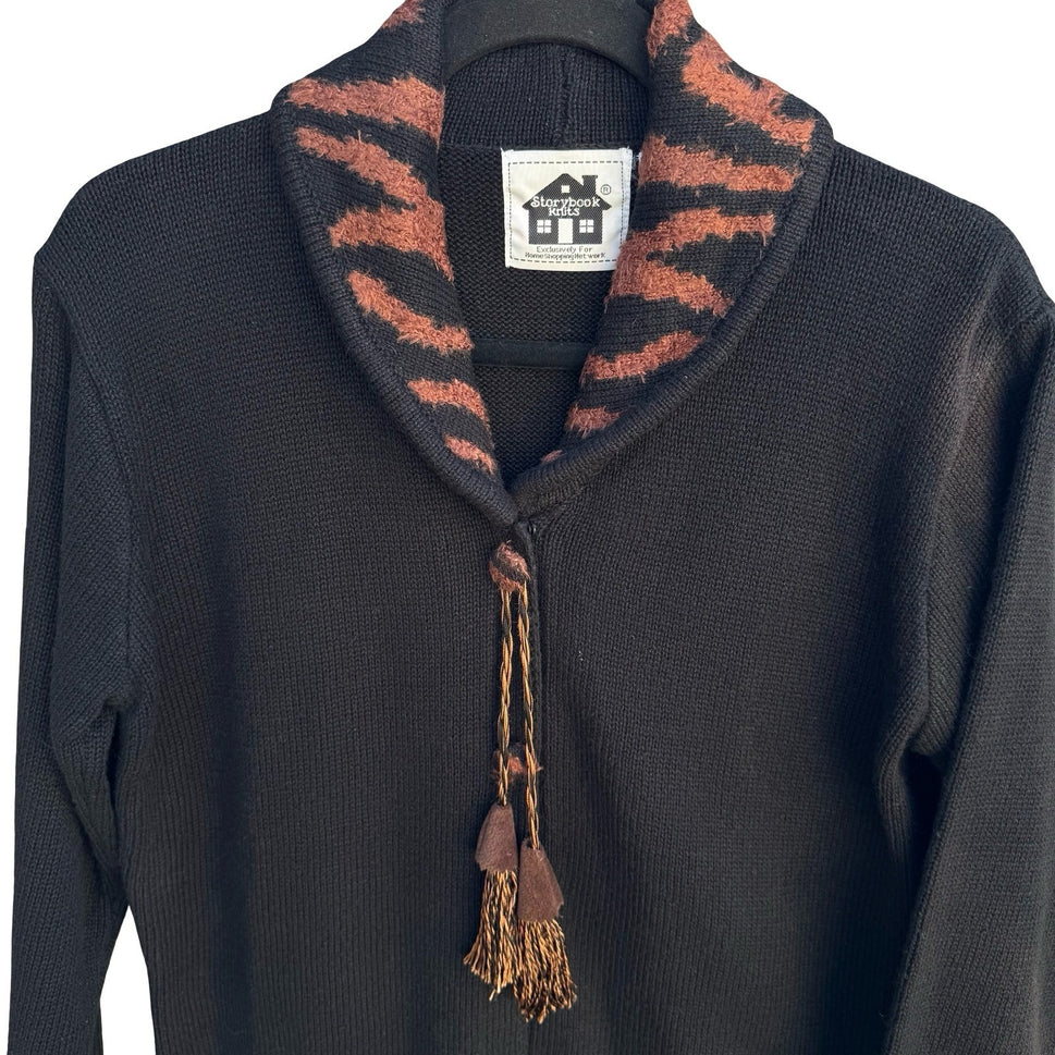 Storybook Knits Black Shawl Collar Cardigan Animal Print Tassels Size S Vintage