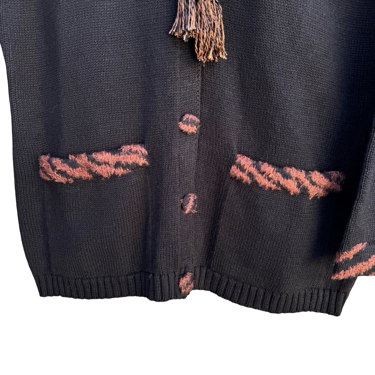 Storybook Knits Black Shawl Collar Cardigan Animal Print Tassels Size S Vintage