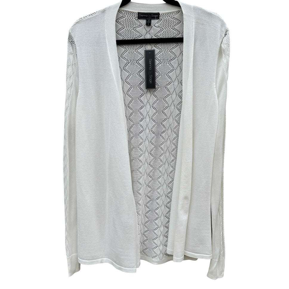 Sienna & Sage White Pointelle Open Front Cardigan Sweater Womens L NEW Coastal