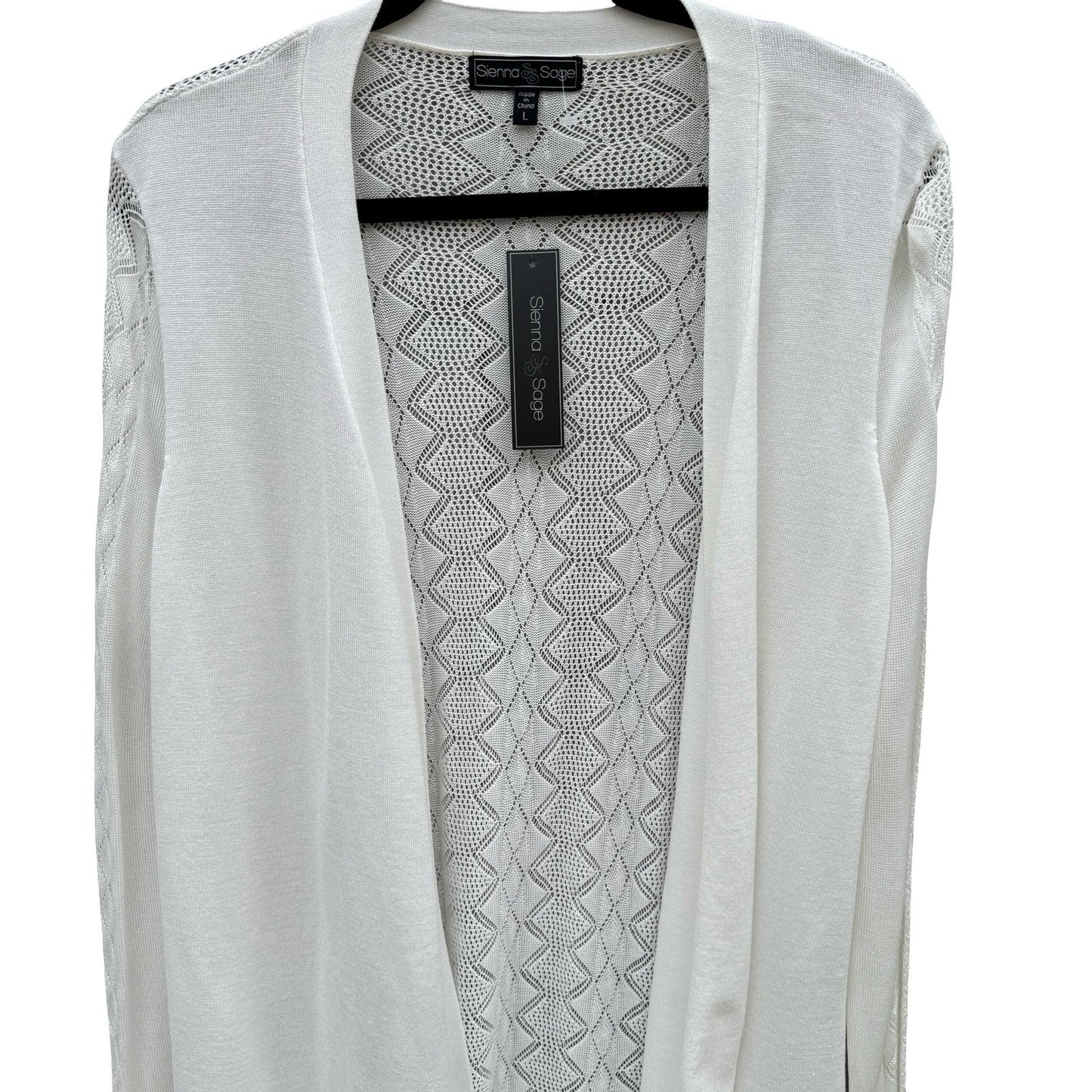 Sienna & Sage White Pointelle Open Front Cardigan Sweater Womens L NEW Coastal
