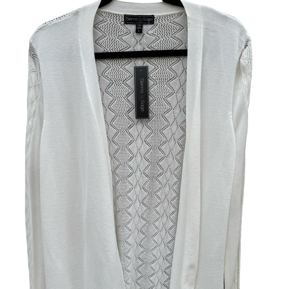 Sienna & Sage White Pointelle Open Front Cardigan Sweater Womens L NEW Coastal
