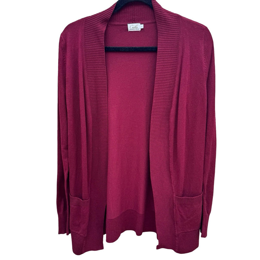 Cielo Womens Burgundy Open Front Knit Cardigan Shawl Collar Pockets Size Large