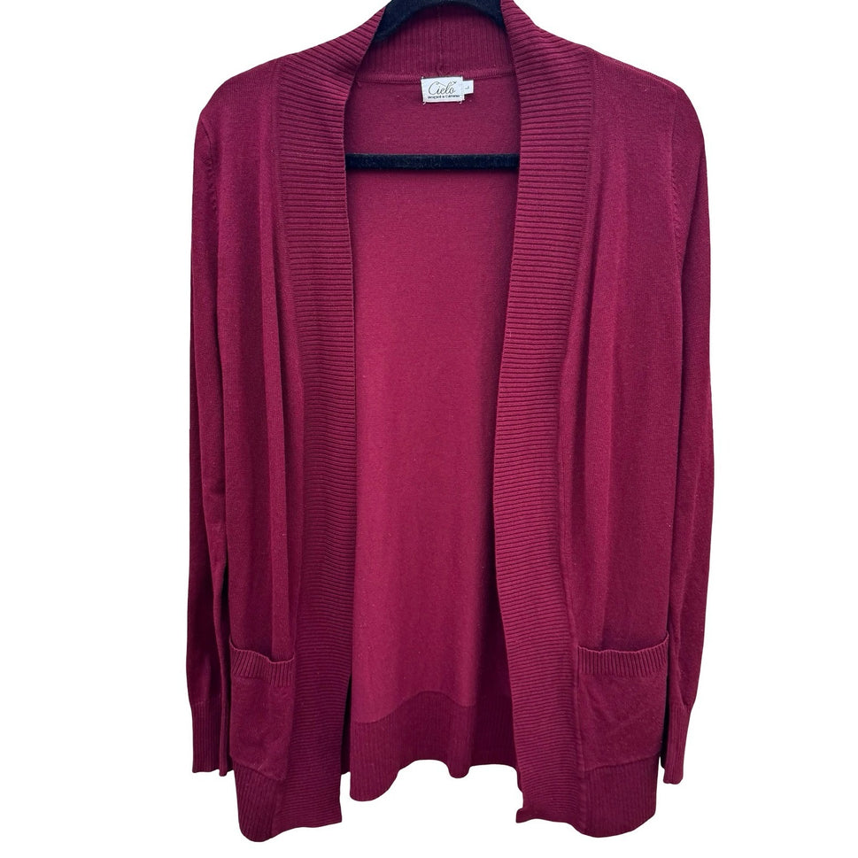 Cielo Womens Burgundy Open Front Knit Cardigan Shawl Collar Pockets Size Large