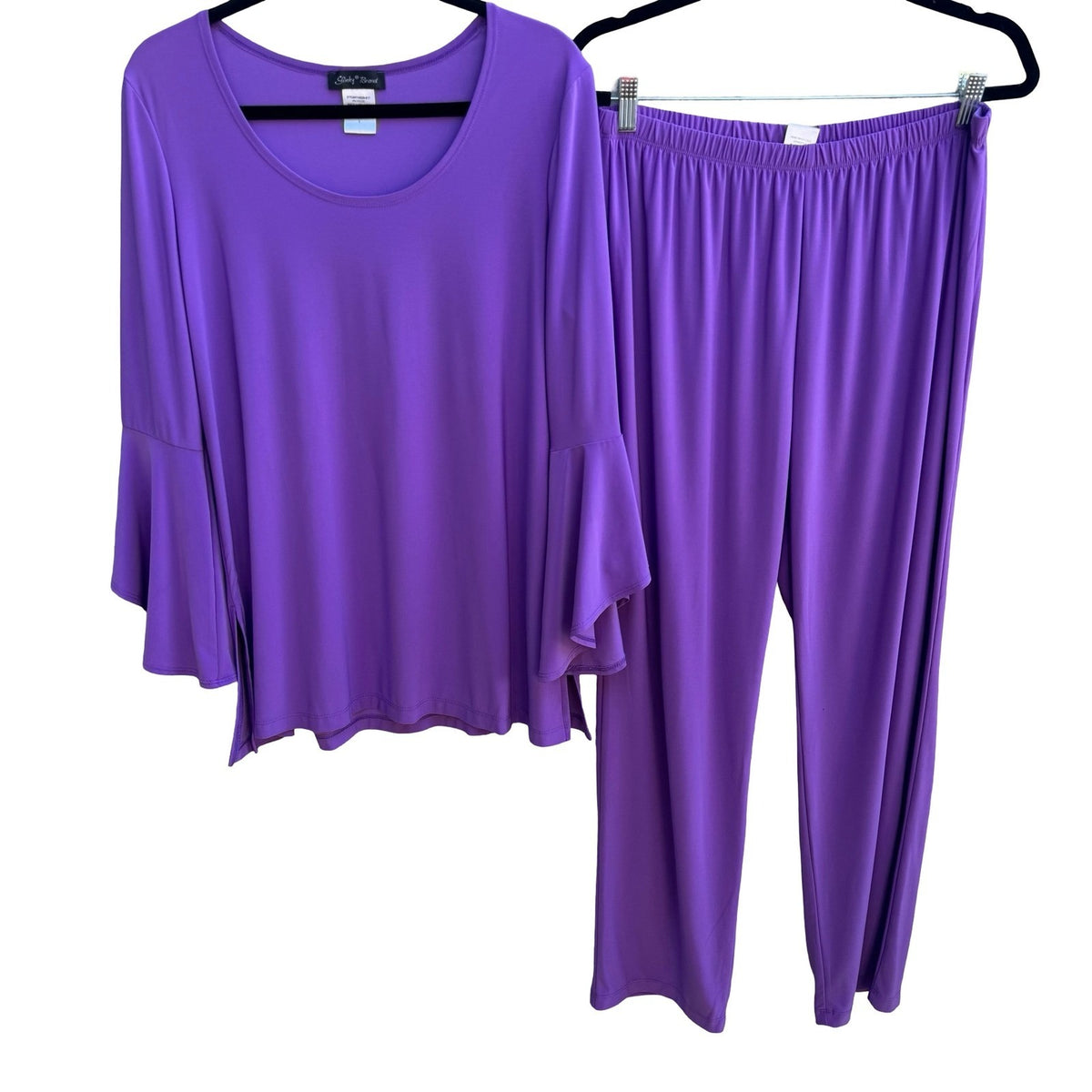 Slinky Brand Minimalist Flowy Bell Sleeve Top Straight Leg Pants Set Purple L