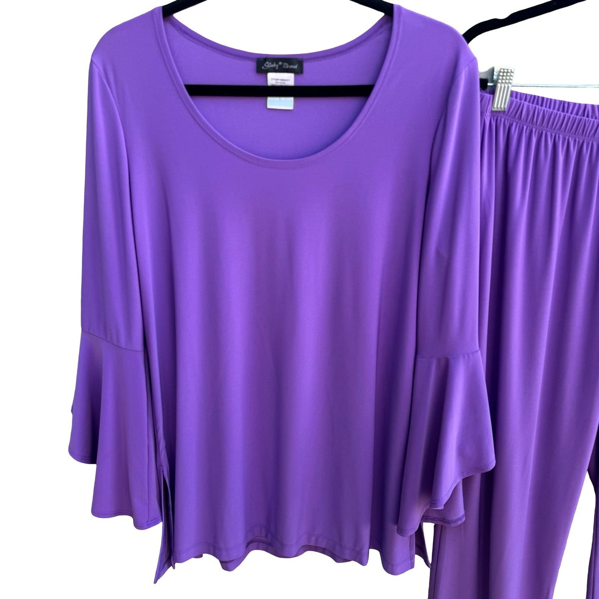 Slinky Brand Minimalist Flowy Bell Sleeve Top Straight Leg Pants Set Purple L