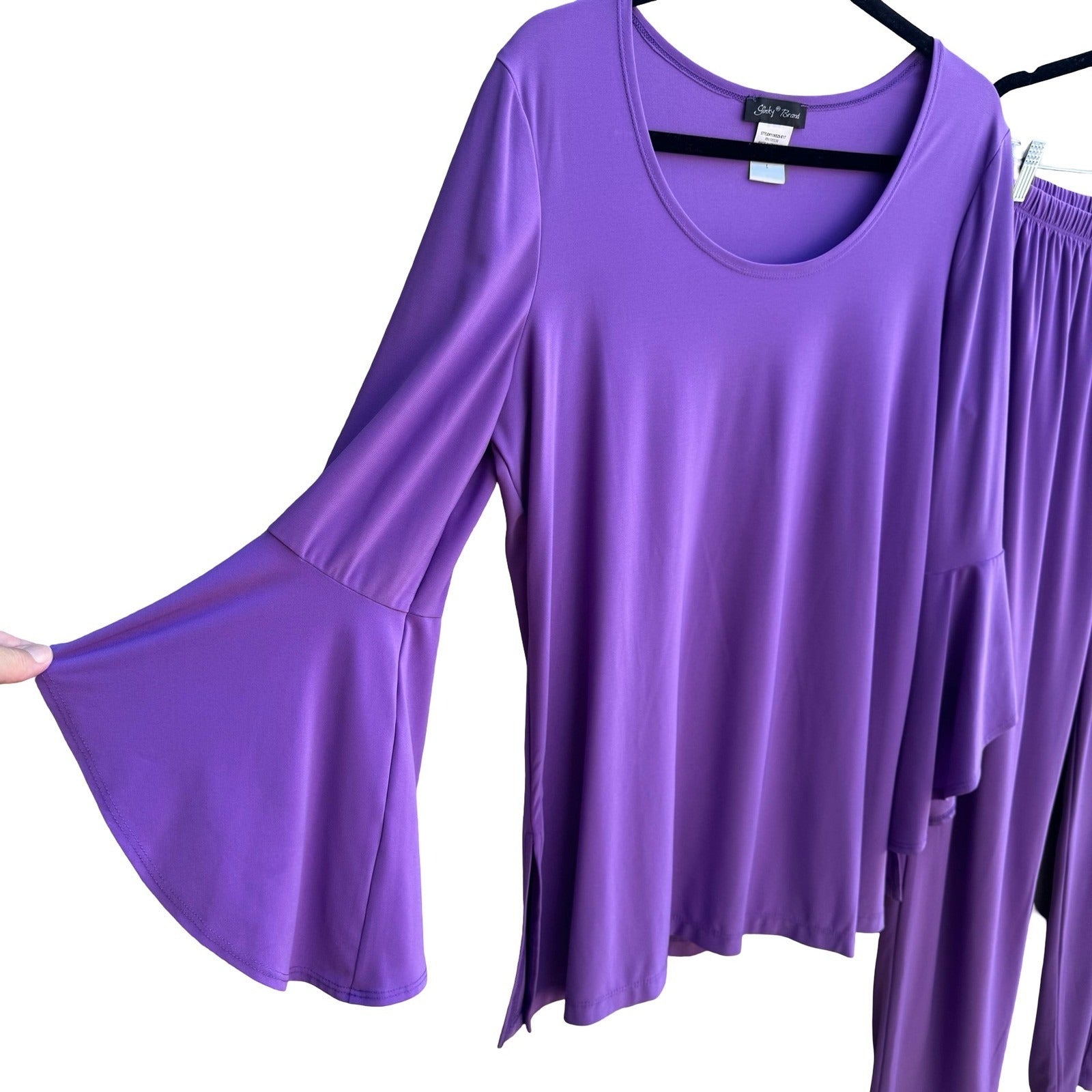 Slinky Brand Minimalist Flowy Bell Sleeve Top Straight Leg Pants Set Purple L