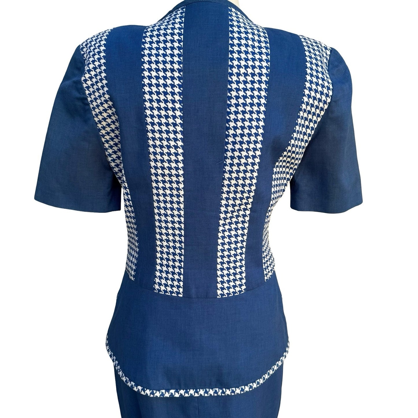 Eneste Vintage 80s Blue Houndstooth Skirt Suit Set Size 4 Short Sleeve Blazer
