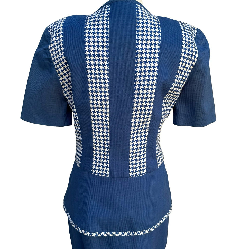 Eneste Vintage 80s Blue Houndstooth Skirt Suit Set Size 4 Short Sleeve Blazer