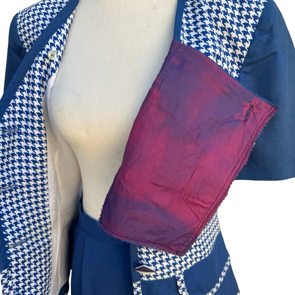 Eneste Vintage 80s Blue Houndstooth Skirt Suit Set Size 4 Short Sleeve Blazer