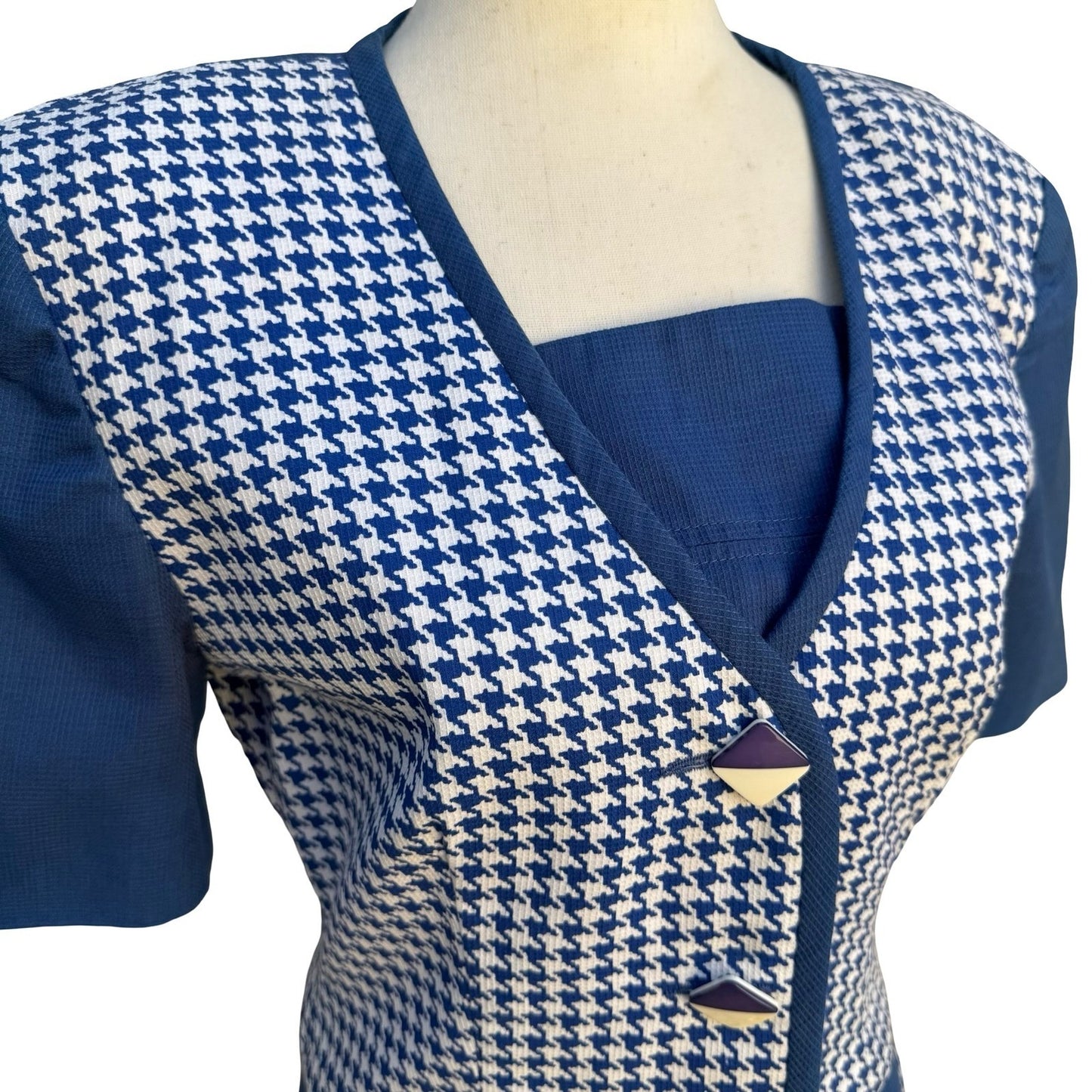 Eneste Vintage 80s Blue Houndstooth Skirt Suit Set Size 4 Short Sleeve Blazer