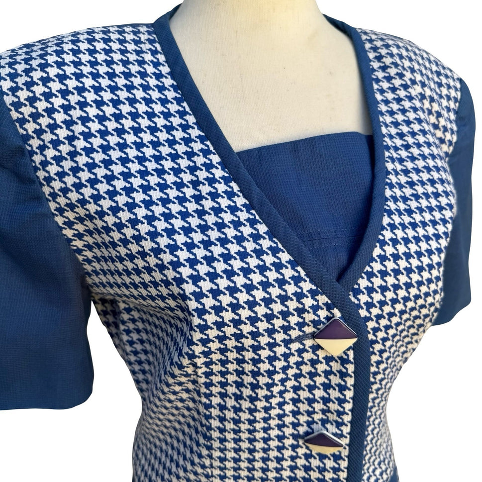 Eneste Vintage 80s Blue Houndstooth Skirt Suit Set Size 4 Short Sleeve Blazer