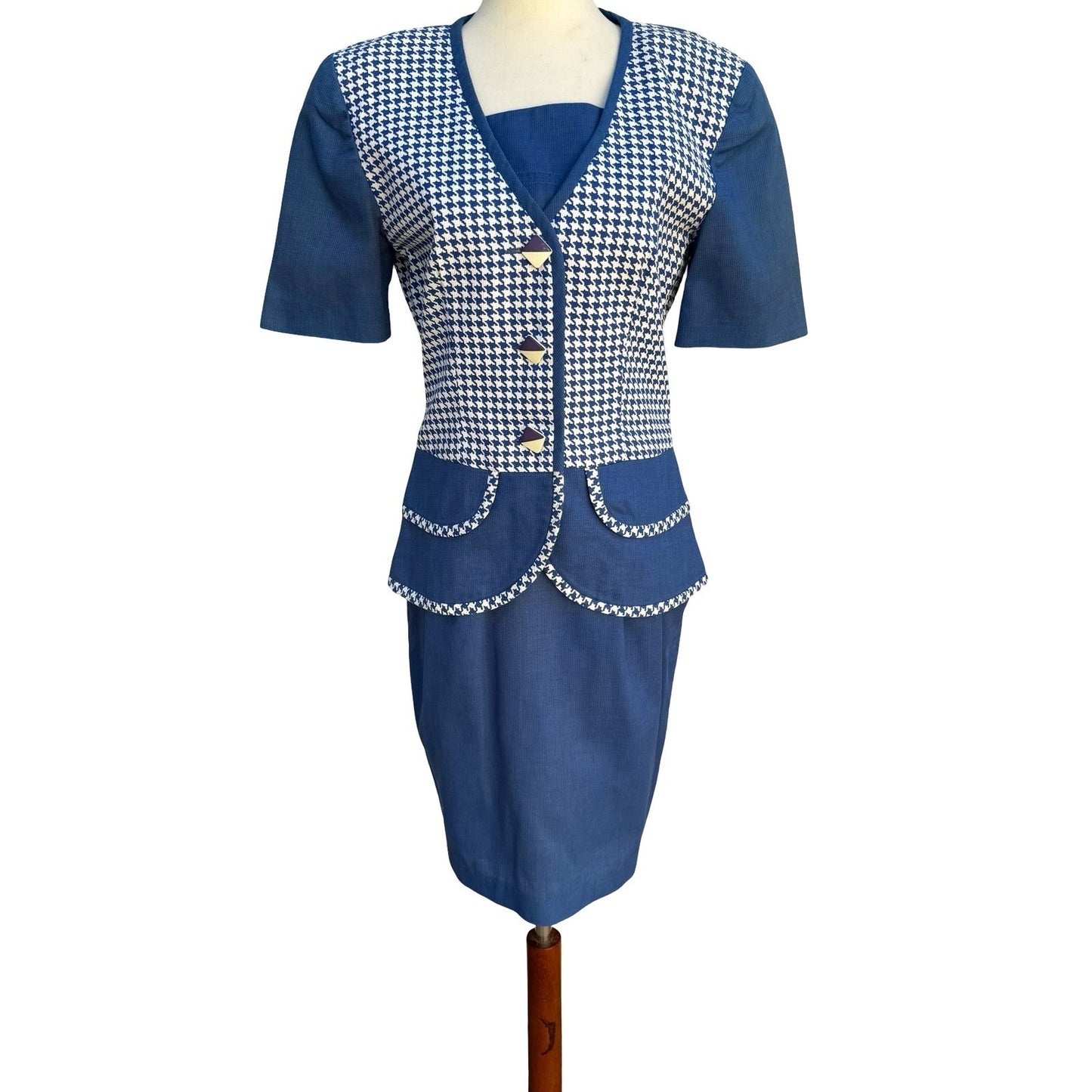 Eneste Vintage 80s Blue Houndstooth Skirt Suit Set Size 4 Short Sleeve Blazer