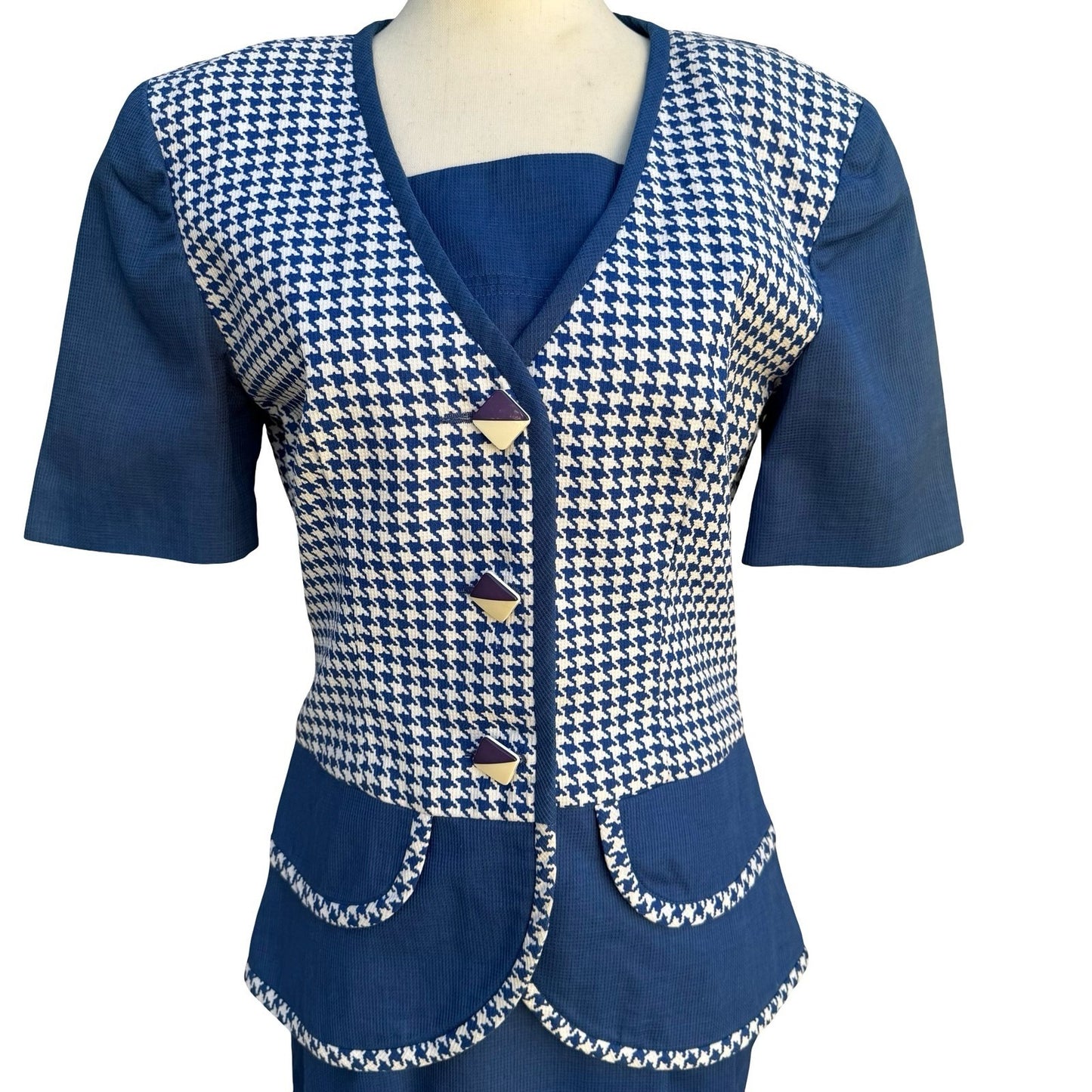 Eneste Vintage 80s Blue Houndstooth Skirt Suit Set Size 4 Short Sleeve Blazer