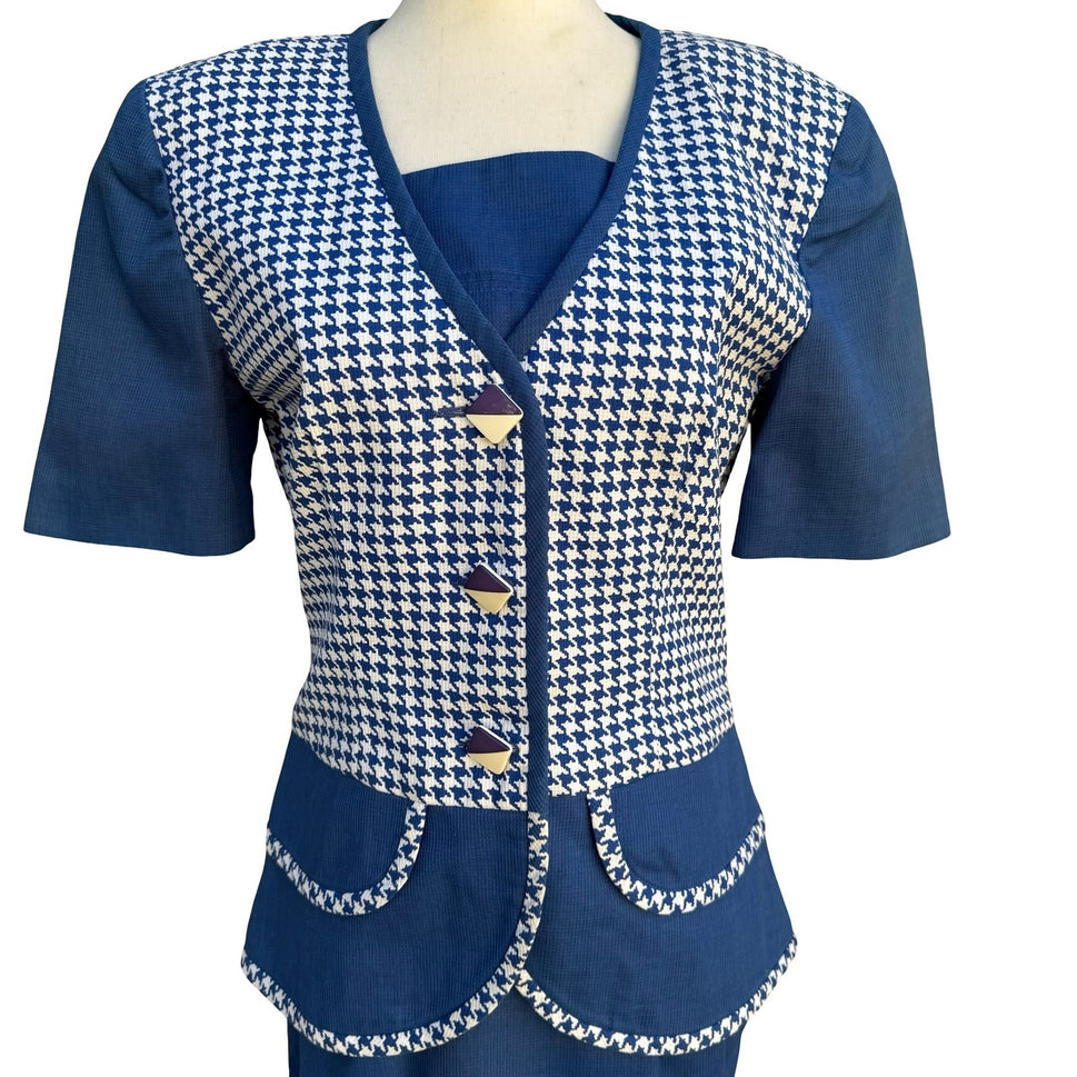 Eneste Vintage 80s Blue Houndstooth Skirt Suit Set Size 4 Short Sleeve Blazer