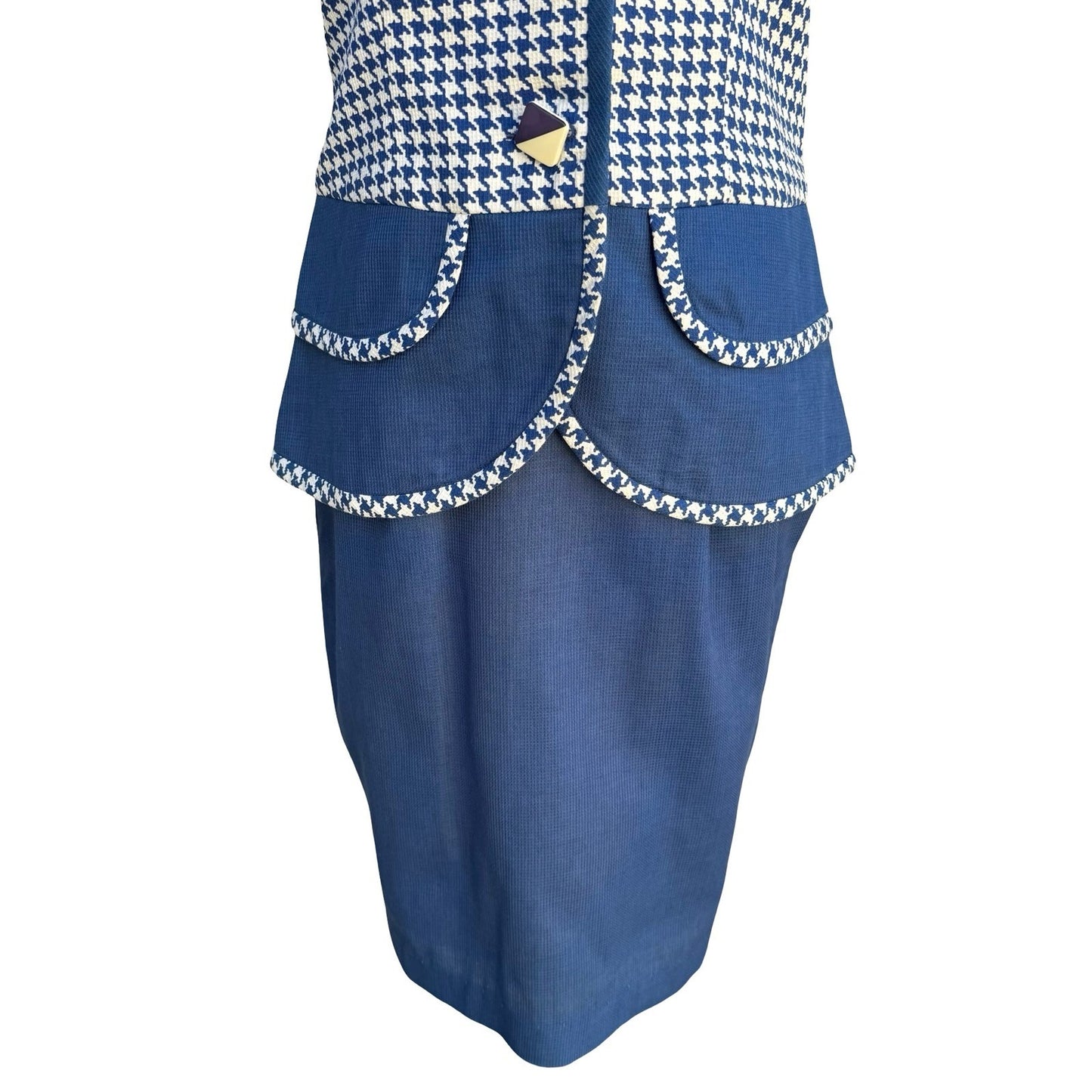 Eneste Vintage 80s Blue Houndstooth Skirt Suit Set Size 4 Short Sleeve Blazer