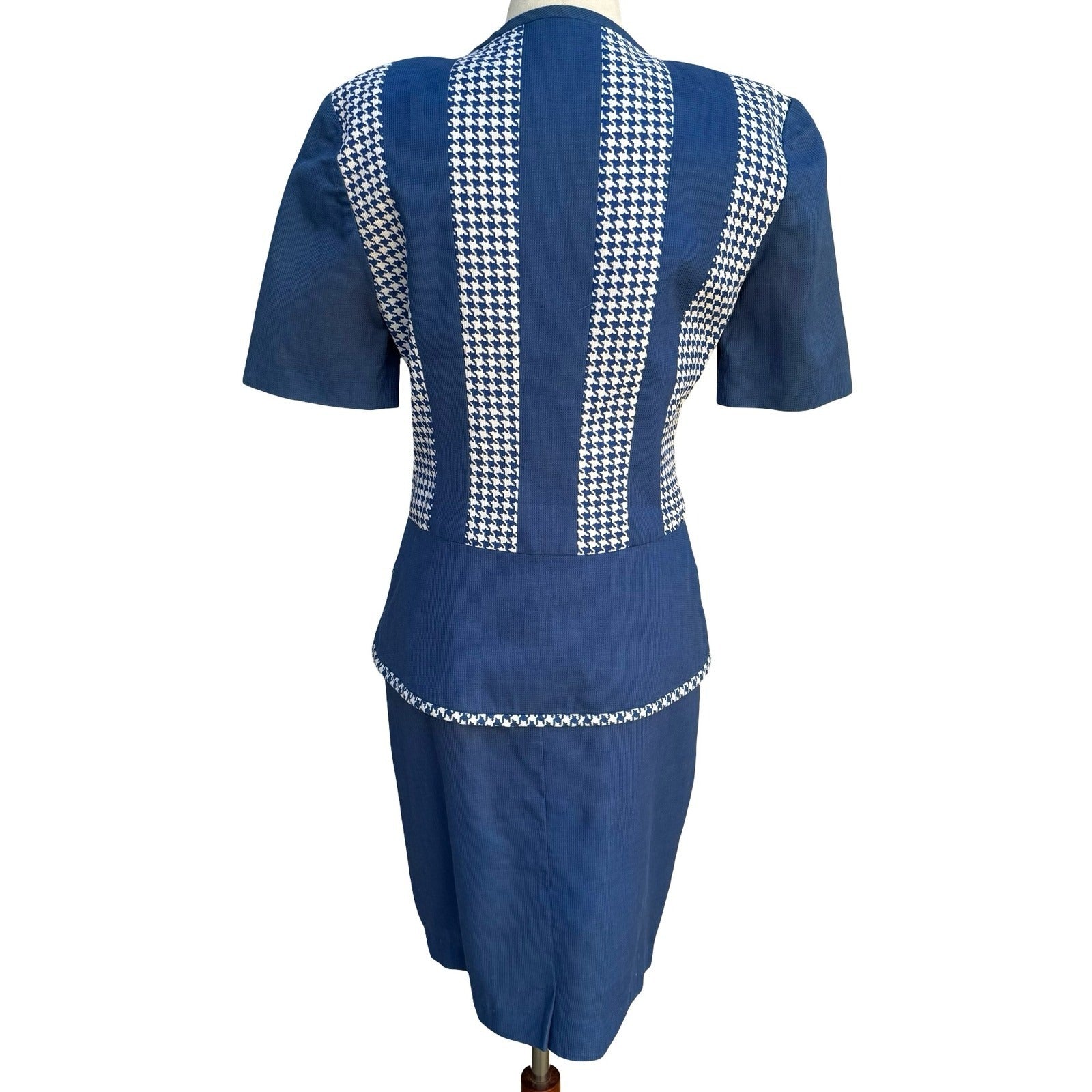 Eneste Vintage 80s Blue Houndstooth Skirt Suit Set Size 4 Short Sleeve Blazer