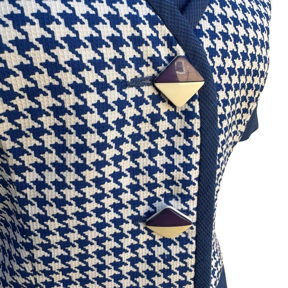 Eneste Vintage 80s Blue Houndstooth Skirt Suit Set Size 4 Short Sleeve Blazer