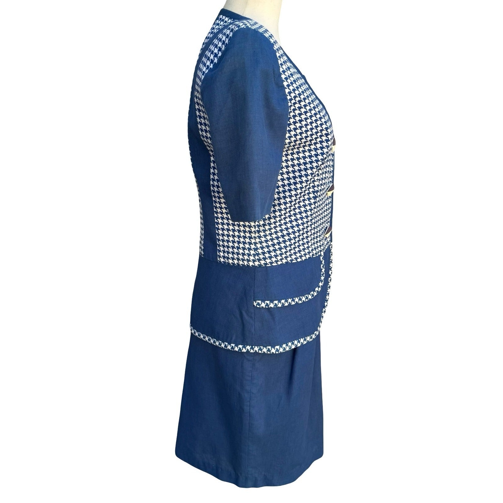 Eneste Vintage 80s Blue Houndstooth Skirt Suit Set Size 4 Short Sleeve Blazer