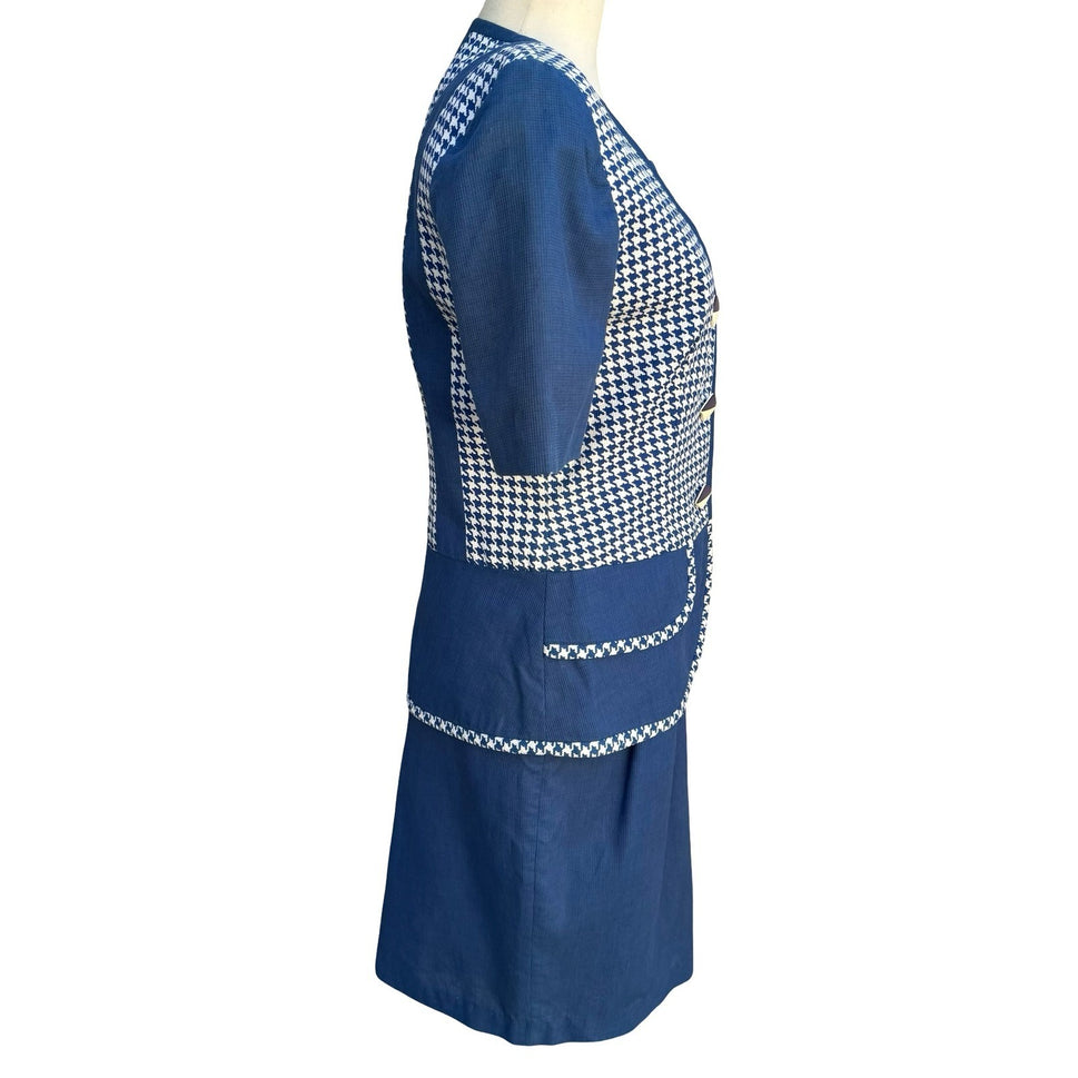 Eneste Vintage 80s Blue Houndstooth Skirt Suit Set Size 4 Short Sleeve Blazer