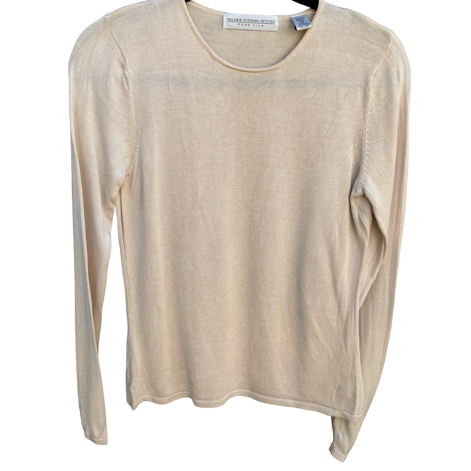 Valerie Stevens Petites Pure Silk Sweater Cream Crew Neck Long Sleeve PS Ivory