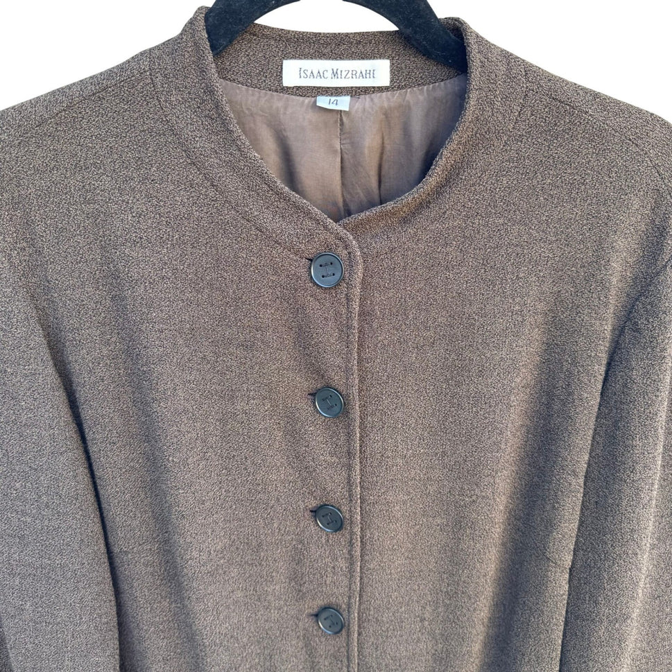 Isaac Mizrahi Brown Woven Mandarin Collar Blazer Jacket Womens 14 Vintage Style