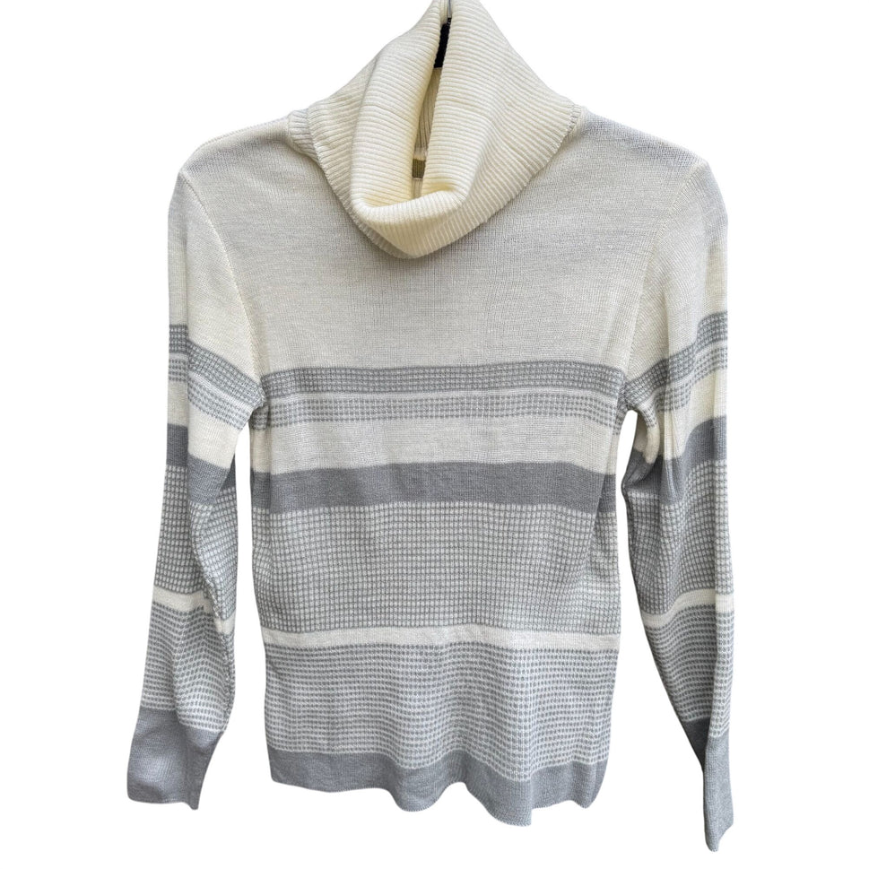 Georgie Porgie Vintage 70s Womens Striped Cowl Neck Sweater Gray Ivory Rib Knit
