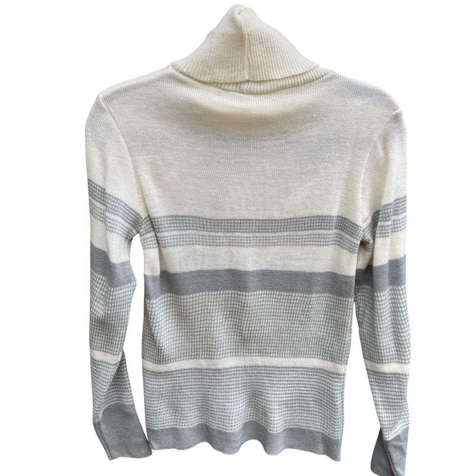Georgie Porgie Vintage 70s Womens Striped Cowl Neck Sweater Gray Ivory Rib Knit
