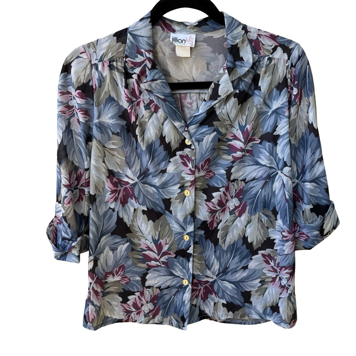 Jillian Vintage 80s 90s Boho Coastal Grandmacore Tropical Leaf Roll Tab Blouse