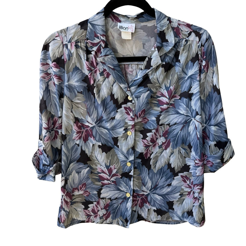 Jillian Vintage 80s 90s Boho Coastal Grandmacore Tropical Leaf Roll Tab Blouse