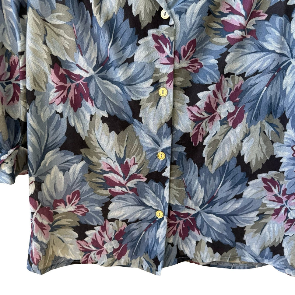 Jillian Vintage 80s 90s Boho Coastal Grandmacore Tropical Leaf Roll Tab Blouse