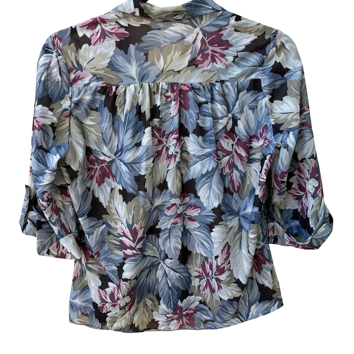 Jillian Vintage 80s 90s Boho Coastal Grandmacore Tropical Leaf Roll Tab Blouse