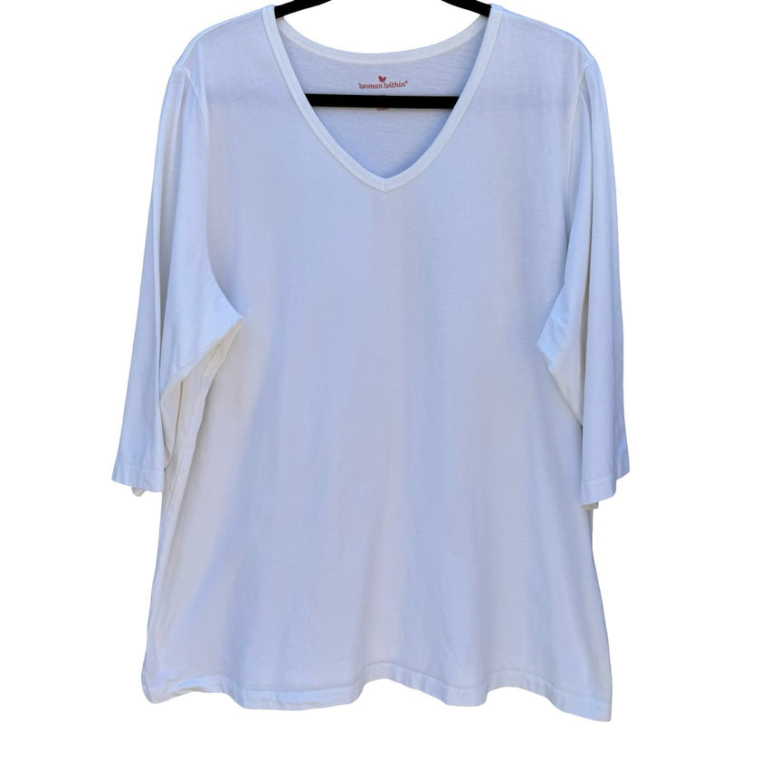 Woman Within White 100% Cotton V-Neck 3/4 Sleeve T-Shirt Plus Size 1X 22/24