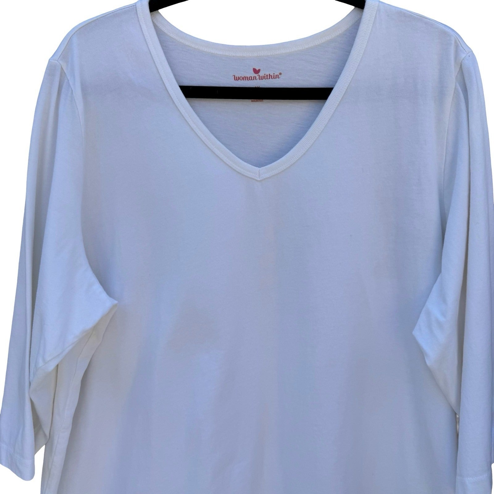 Woman Within White 100% Cotton V-Neck 3/4 Sleeve T-Shirt Plus Size 1X 22/24