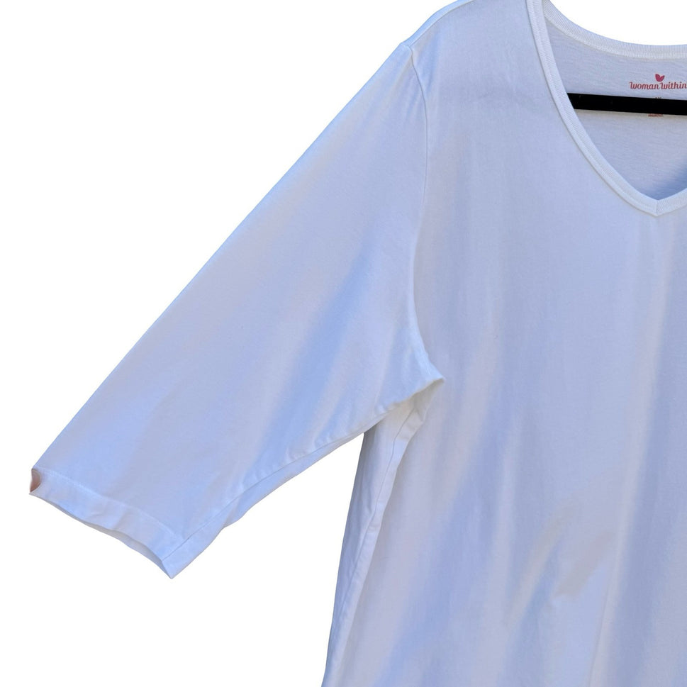 Woman Within White 100% Cotton V-Neck 3/4 Sleeve T-Shirt Plus Size 1X 22/24