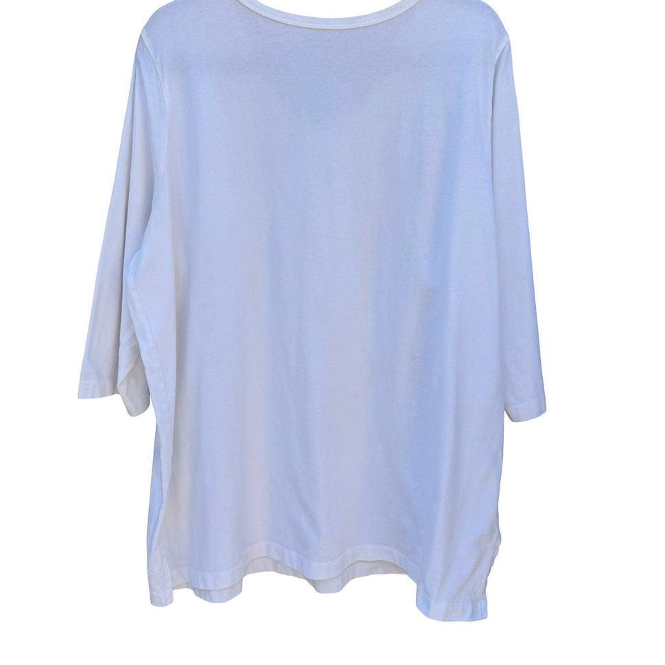 Woman Within White 100% Cotton V-Neck 3/4 Sleeve T-Shirt Plus Size 1X 22/24