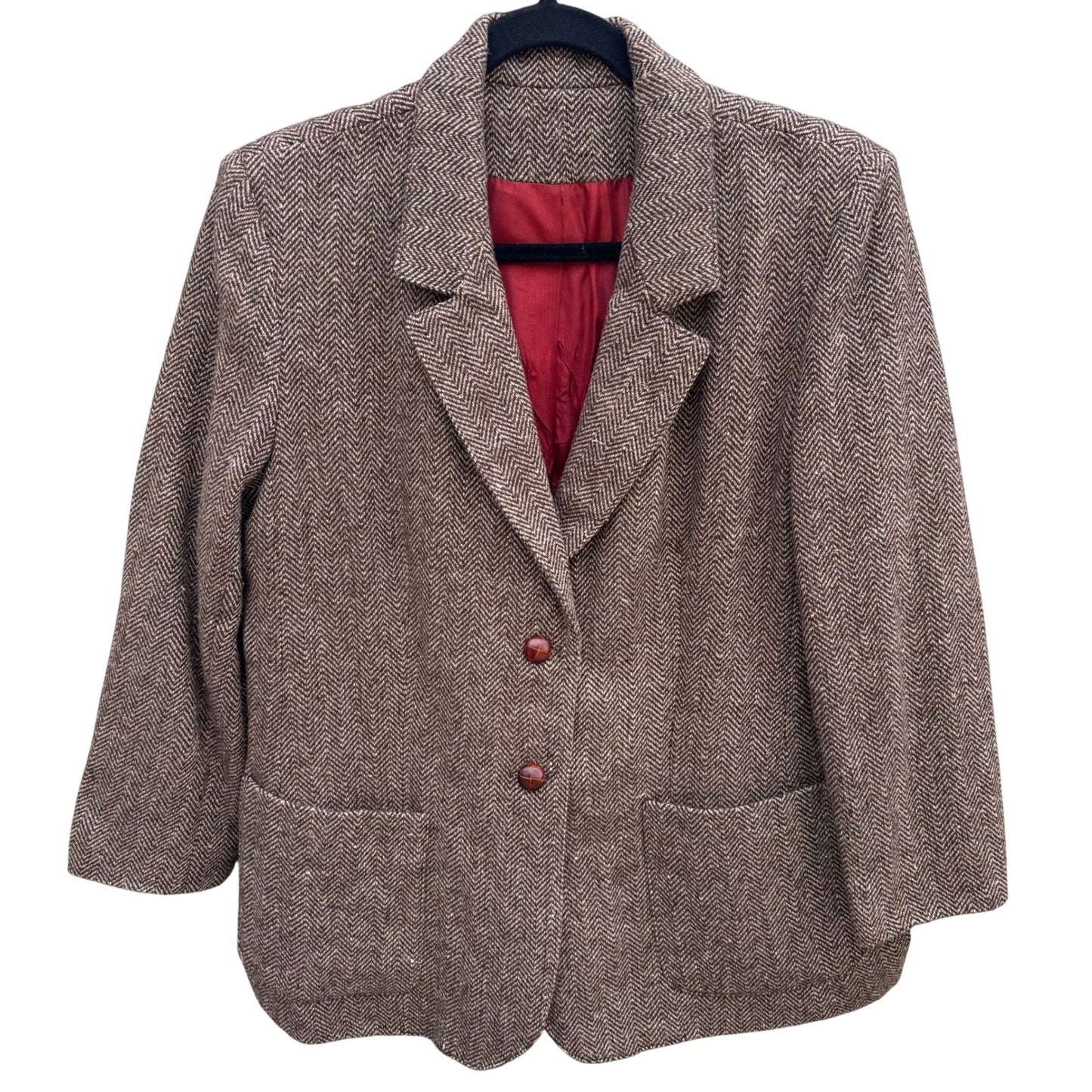 Vintage Brown Herringbone Blazer Womens Academic Tweed Wool Style Retro Jacket