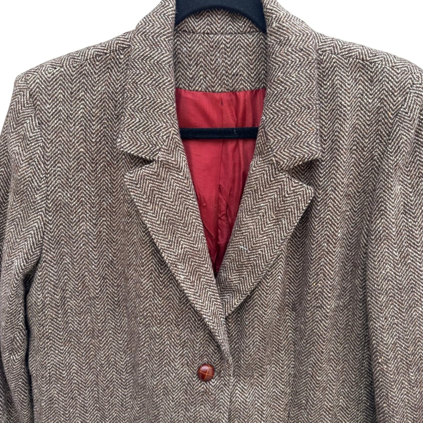 Vintage Brown Herringbone Blazer Womens Academic Tweed Wool Style Retro Jacket