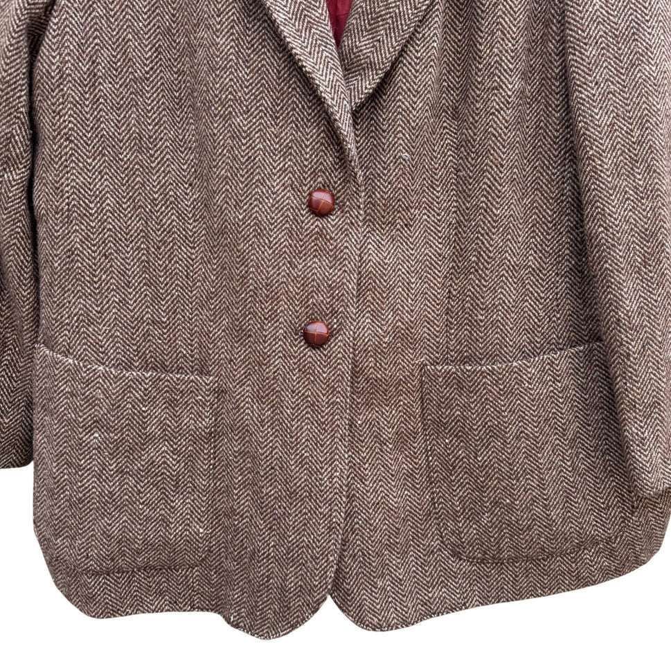 Vintage Brown Herringbone Blazer Womens Academic Tweed Wool Style Retro Jacket