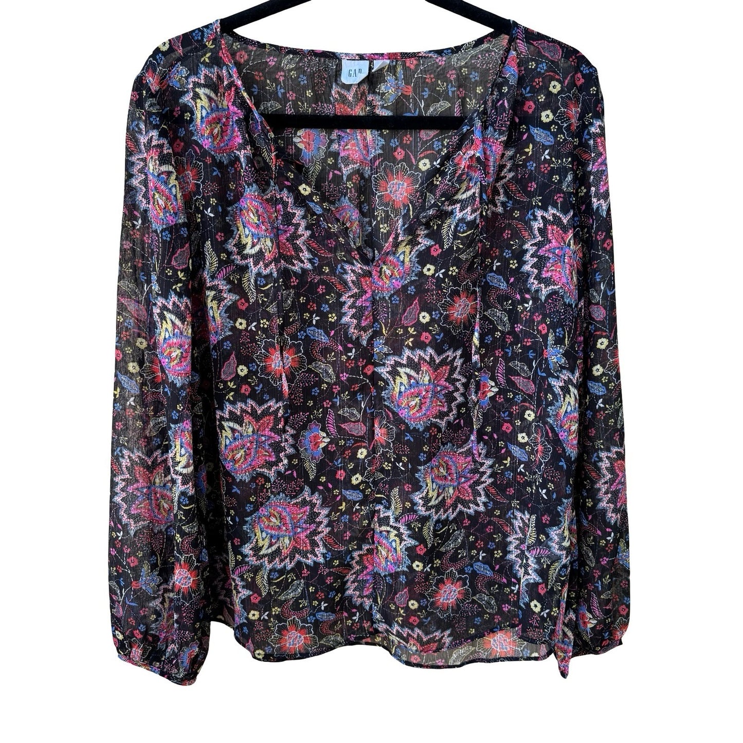 GAP Boho Festival Whimsigoth Paisley Floral Metallic Peasant Blouse Black S