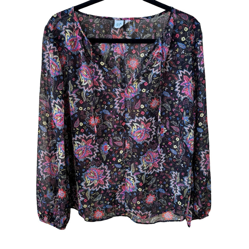 GAP Boho Festival Whimsigoth Paisley Floral Metallic Peasant Blouse Black S