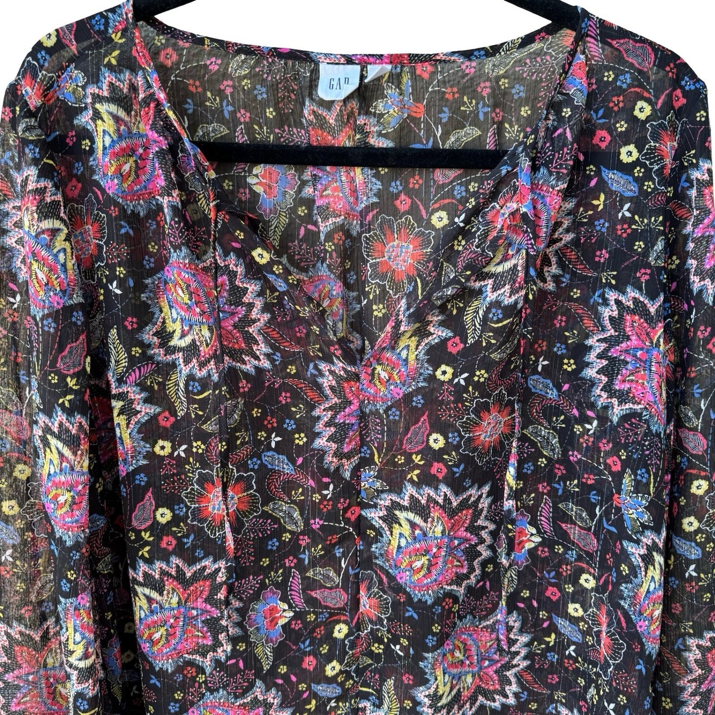 GAP Boho Festival Whimsigoth Paisley Floral Metallic Peasant Blouse Black S