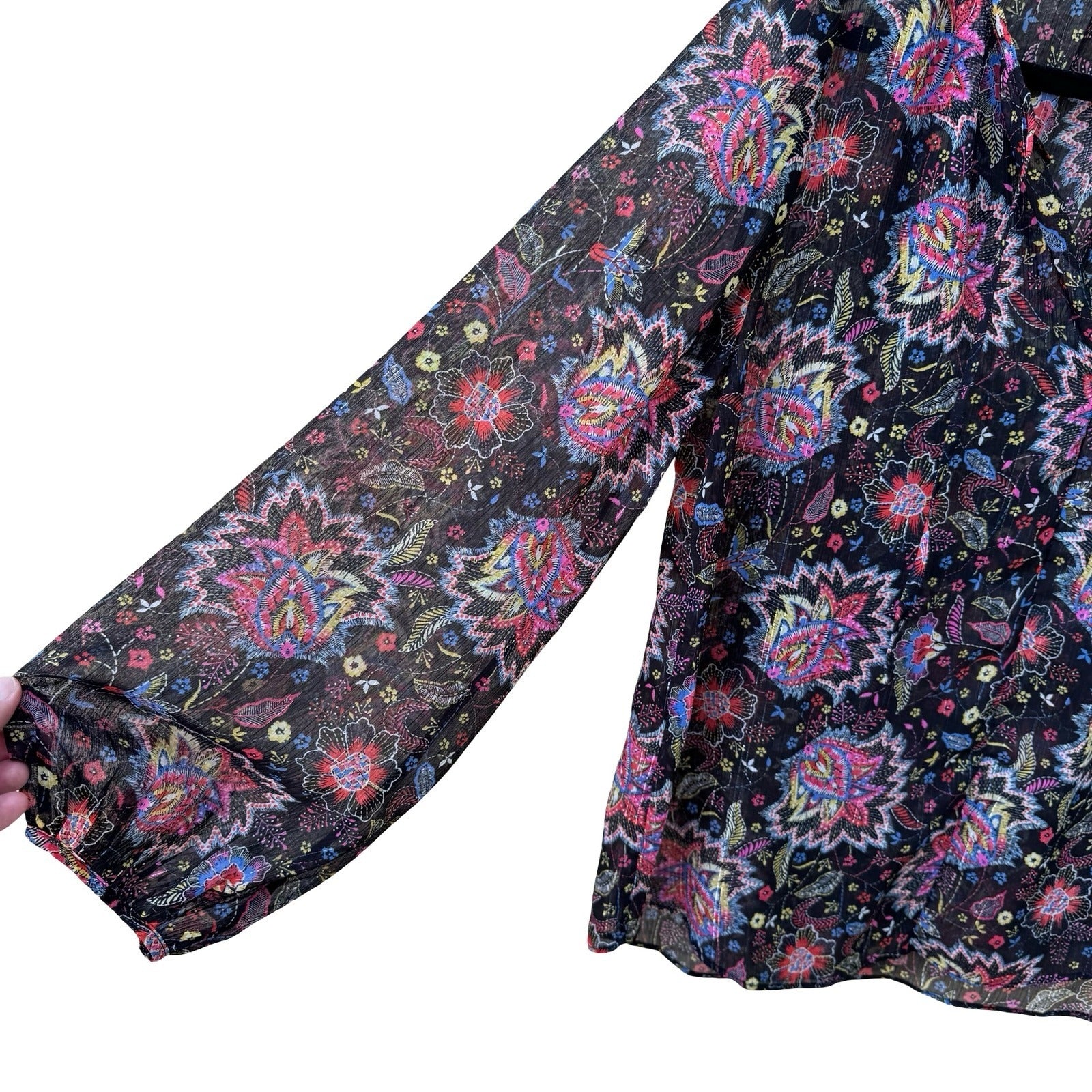 GAP Boho Festival Whimsigoth Paisley Floral Metallic Peasant Blouse Black S