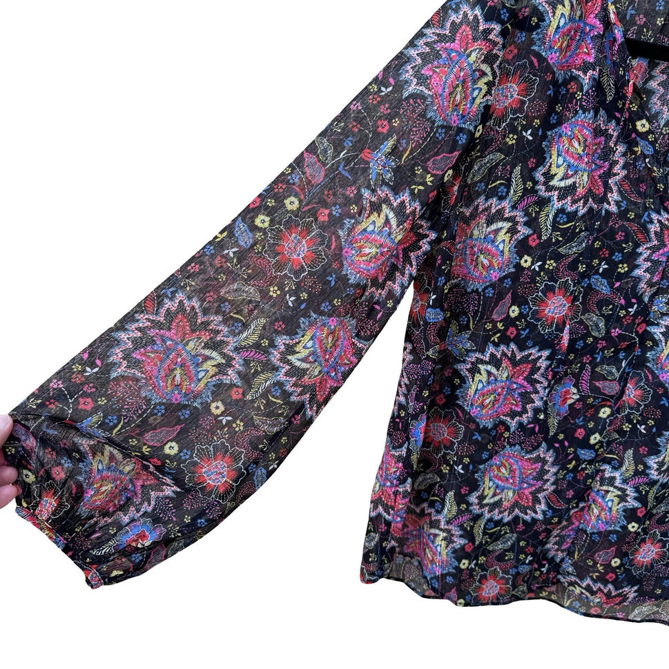 GAP Boho Festival Whimsigoth Paisley Floral Metallic Peasant Blouse Black S