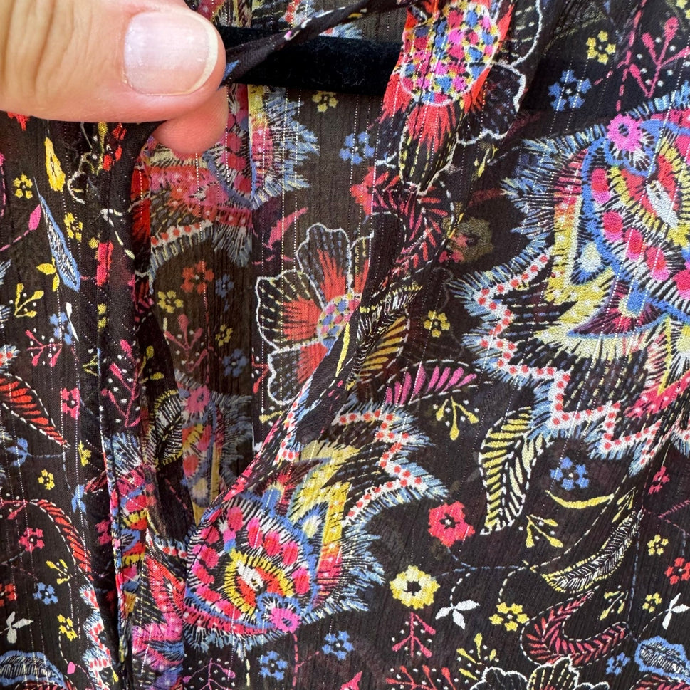 GAP Boho Festival Whimsigoth Paisley Floral Metallic Peasant Blouse Black S