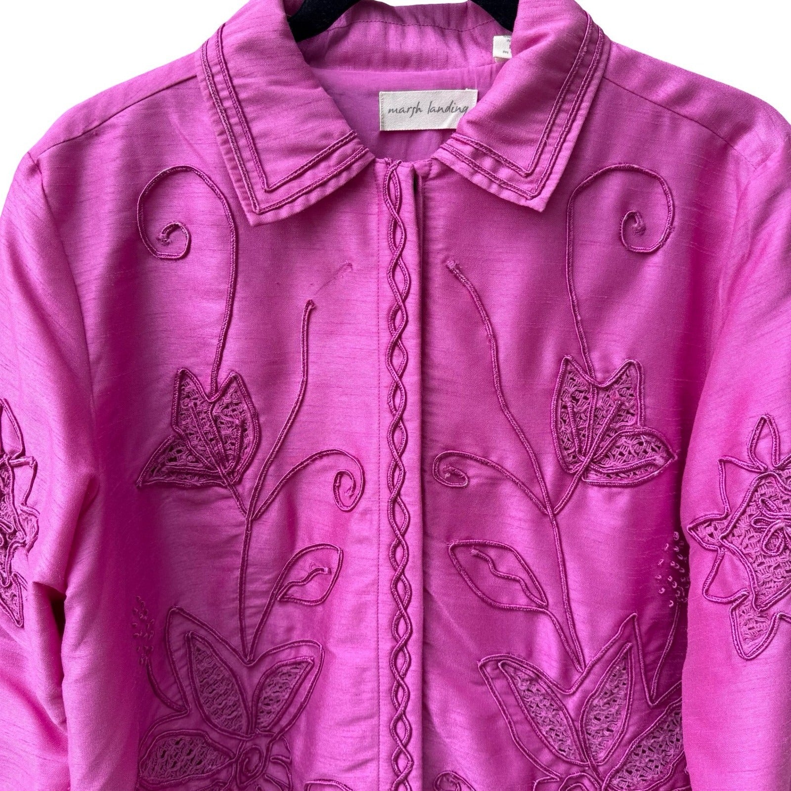 Marsh Landing Barbiecore Coastal Boho Embroidered Floral Crochet Jacket Pink M