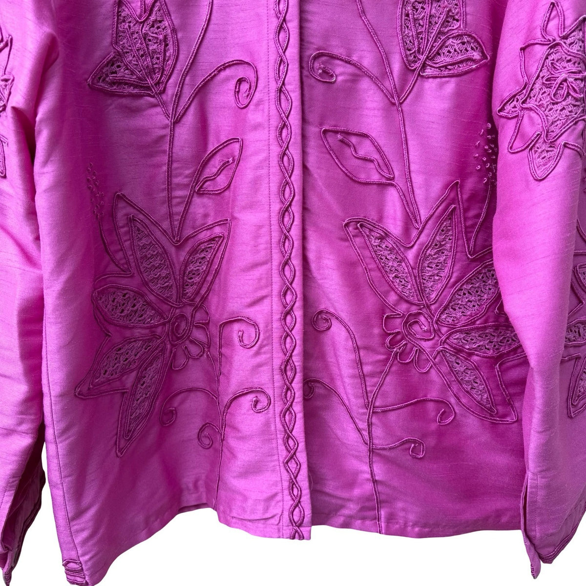 Marsh Landing Barbiecore Coastal Boho Embroidered Floral Crochet Jacket Pink M