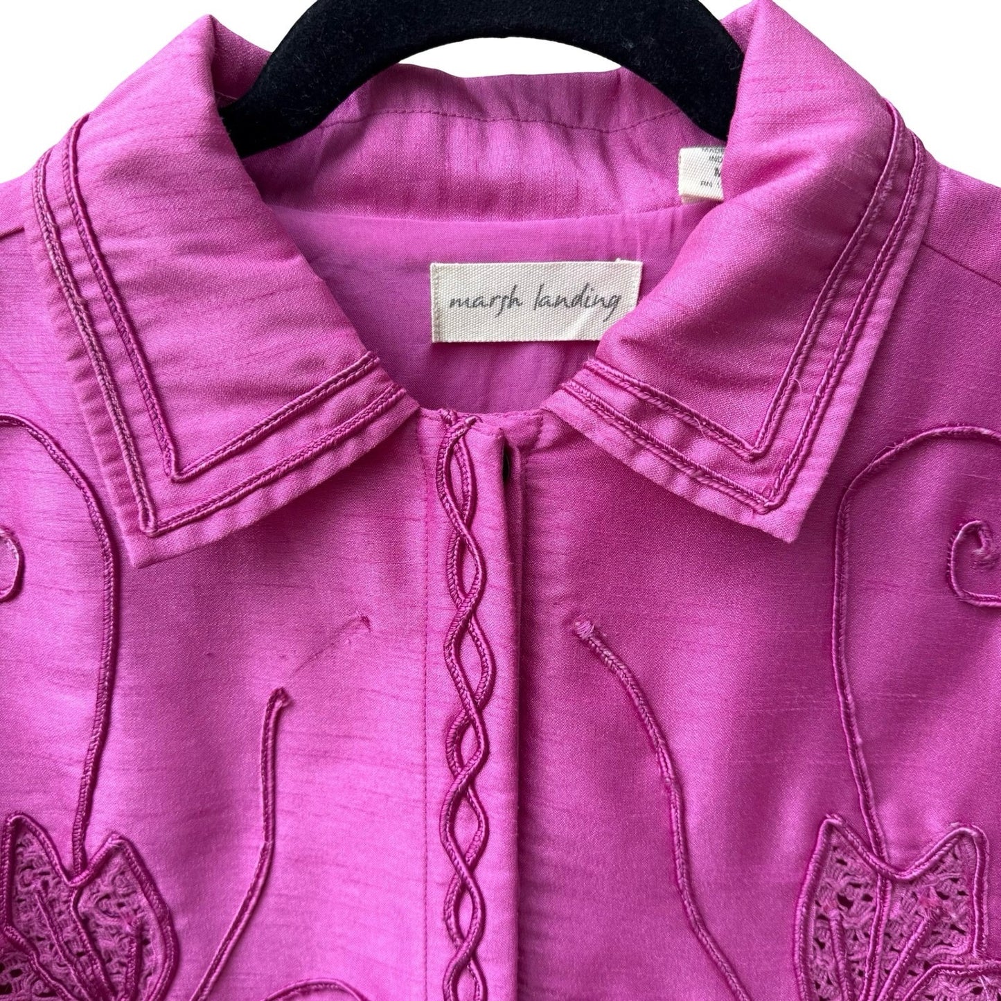 Marsh Landing Barbiecore Coastal Boho Embroidered Floral Crochet Jacket Pink M