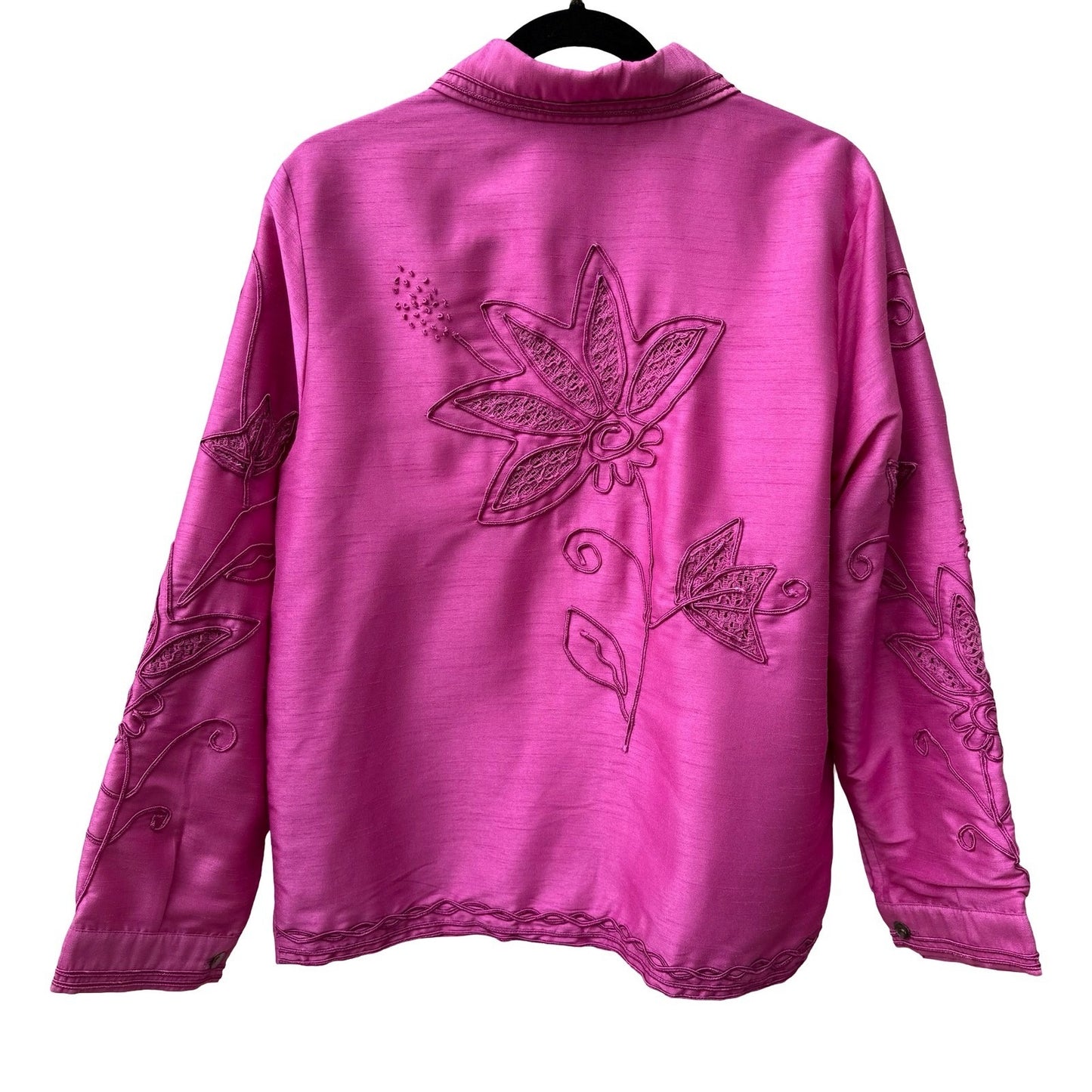 Marsh Landing Barbiecore Coastal Boho Embroidered Floral Crochet Jacket Pink M