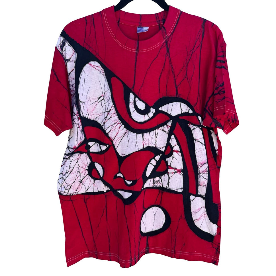 Vintage 90s Abstract Batik Graphic Shirt Red XL Cotton Tee Art To Wear Eclectic